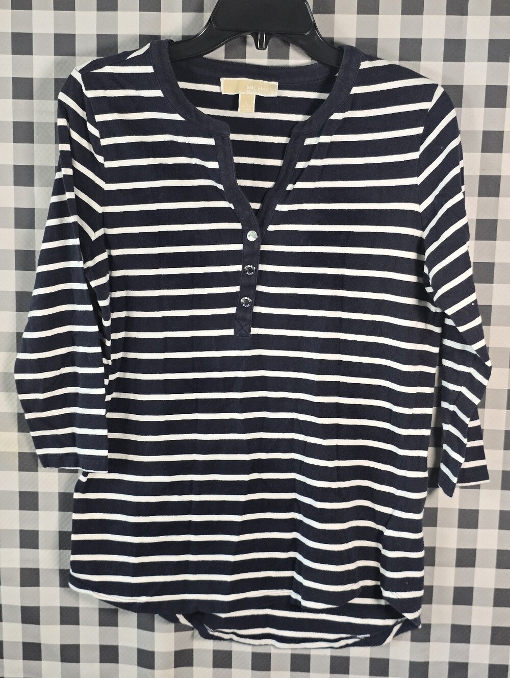 Michael Kors Womens L Navy White Striped Henley Top 3/4 Sleeve Cotton Stretch